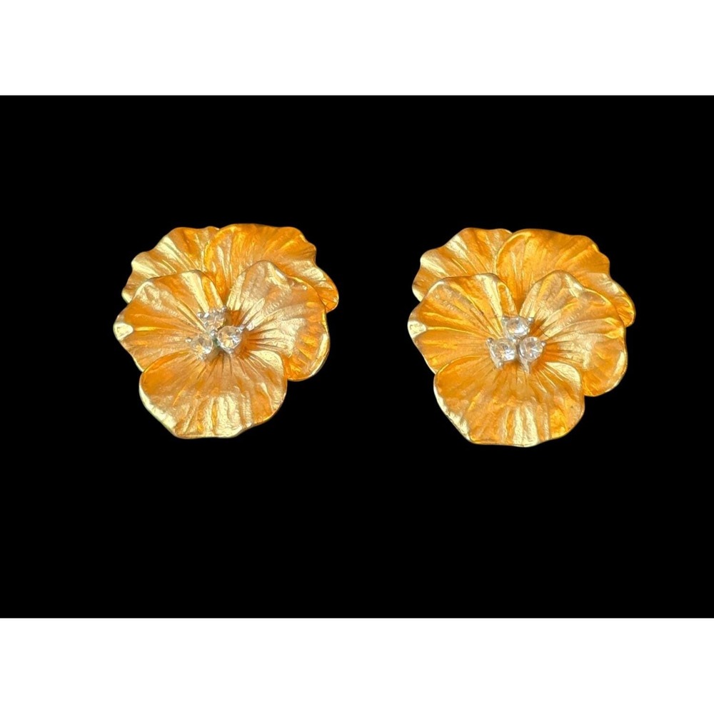 Vintage Large Pansy Gold Tone & Clear Rhinestones Clip Earrings Floral Statement